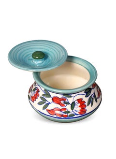 Kala Kriti KALAKRITI Handpainted Handcrafted 450 ML Ceramic Red Flower with Black Leafs Blue Handi Dahi Handi Serving Handi Biryani Handi Pack of 1  - Image 4