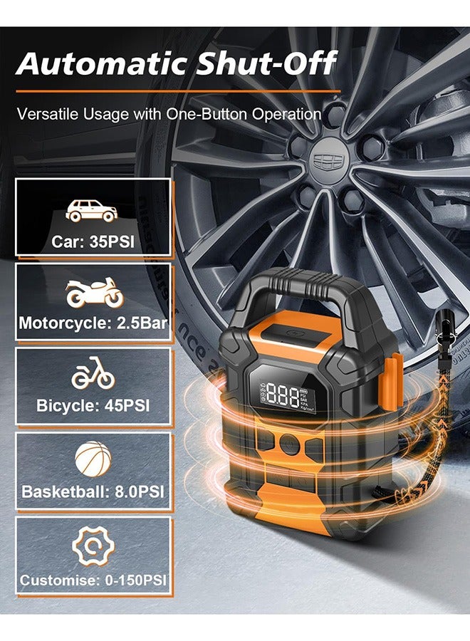Tire Inflator Portable Air Compressor, Electric Tyre Pump with 25L/Mins Air Flow, 7800mAh Battery, 150 PSI Digital Pressure Gauge, LED Light&Auto Shut-Off for Car Bike Ball-Efficient Turbo