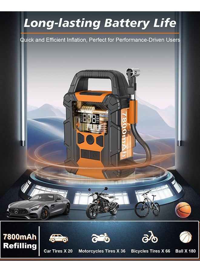 Tire Inflator Portable Air Compressor, Electric Tyre Pump with 25L/Mins Air Flow, 7800mAh Battery, 150 PSI Digital Pressure Gauge, LED Light&Auto Shut-Off for Car Bike Ball-Efficient Turbo