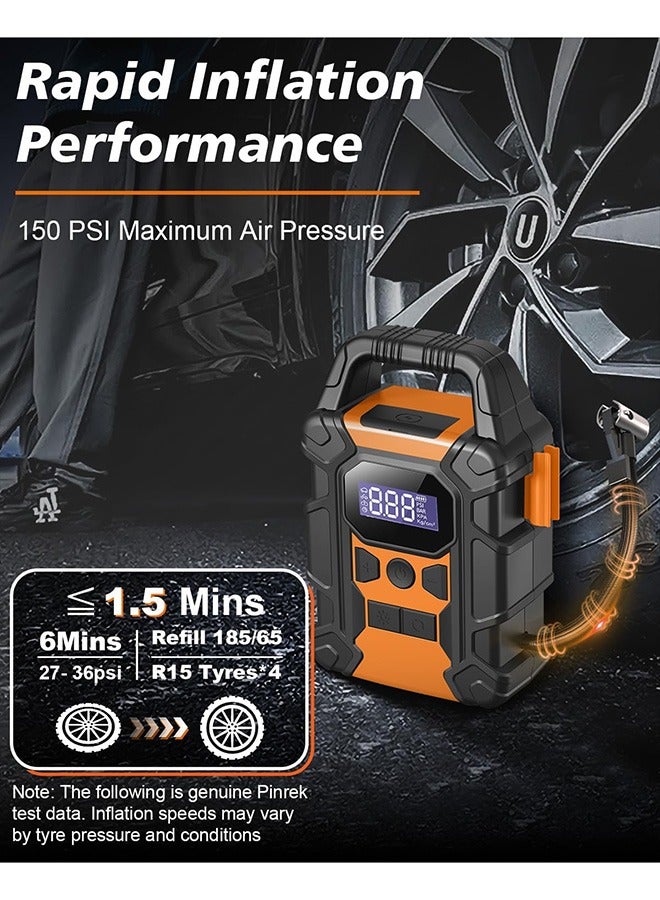 Tire Inflator Portable Air Compressor, Electric Tyre Pump with 25L/Mins Air Flow, 7800mAh Battery, 150 PSI Digital Pressure Gauge, LED Light&Auto Shut-Off for Car Bike Ball-Efficient Turbo