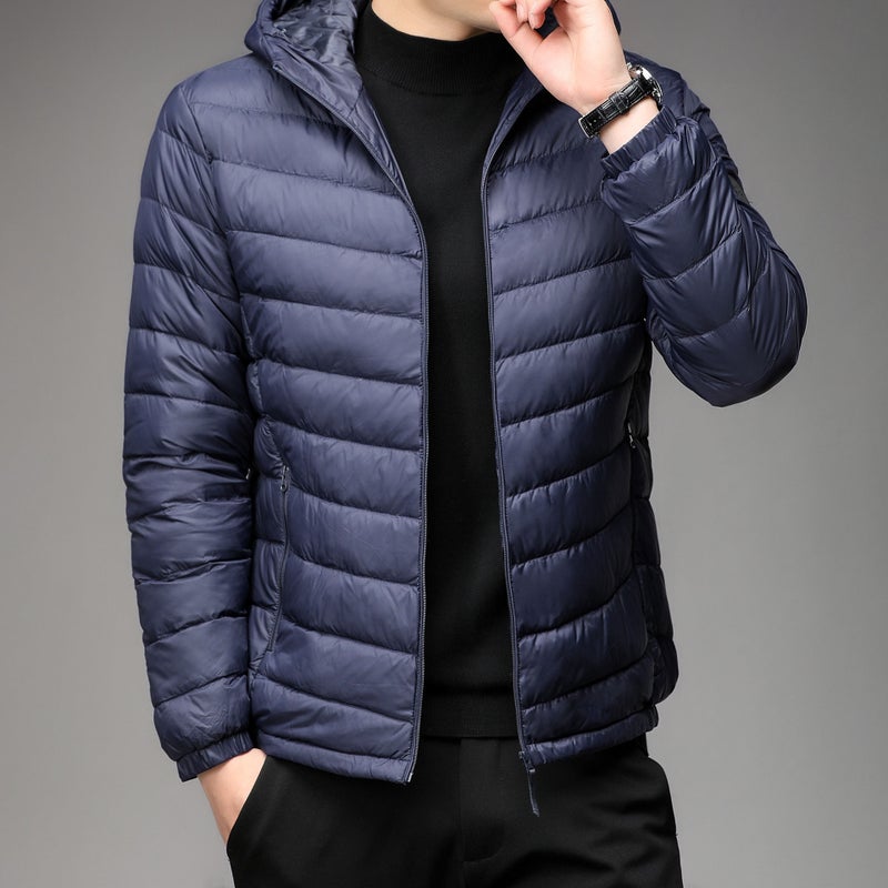 Brand Handle Autumn and Winter Light Down Cotton-padded Jacket Mens Short Vertical Collar Hooded Middle-aged and Elderly Light Thin Broken Coat F89 Cyan Hood 