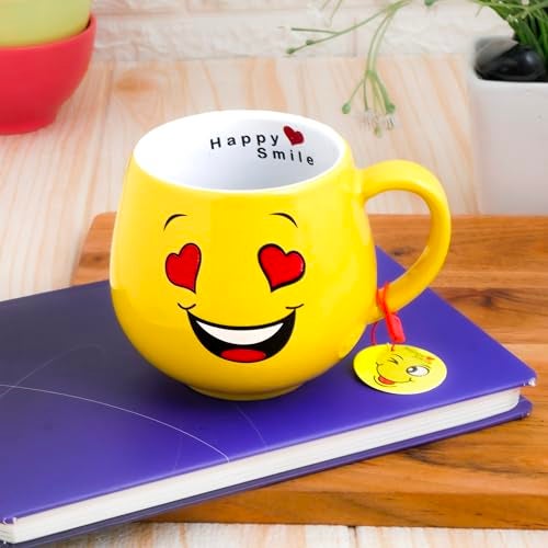 Femora Ceramic Coffee Mug Printed Smiley Emoji | 380 Ml | Drinkware for Home Office Kids Tea Milk | Gift for Loved Ones | Microwave and Dishwasher Safe (Smiley Face with Heart Eyes) - Image 1