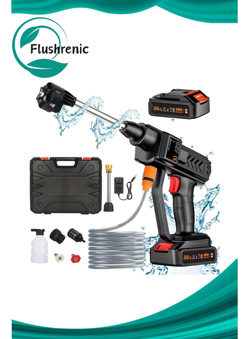 Flushrenic Cordless high-pressure cleaner, 6-in-1 nozzle portable battery-powered high-pressure cleaner, handheld, with 2 batteries, for car/floor/patio cleaning (black) - Image 1