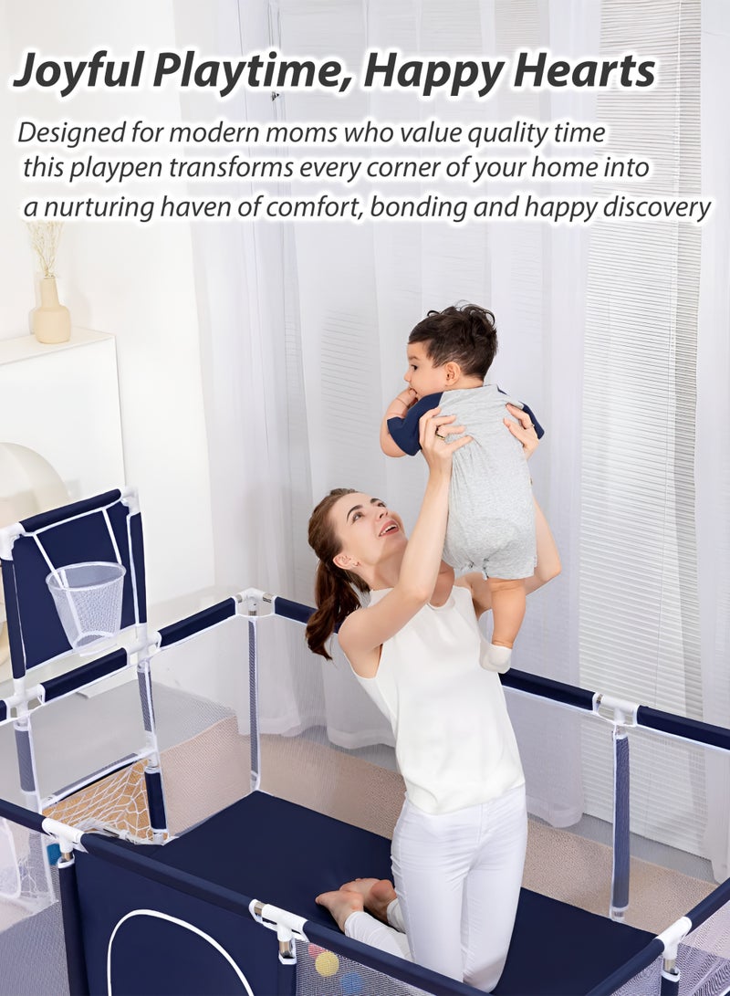 Toshionics Baby Playpen with 30 Pieces Balls, 3 Pull Ring Crib Hooks, Basketball Hoop, Football Net and Side Storage Pocket- 230x105cm Infant Indoor and Outdoor Kids Activity Centre Foldable Safety Fence Portable Play Dens for Kids and Toddlers Easy to Fold Play Yard, Grey - Image 2