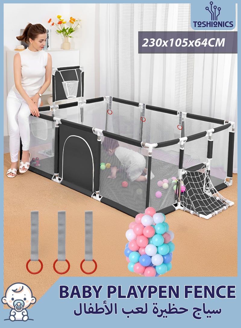 Toshionics Baby Playpen with 30 Pieces Balls, 3 Pull Ring Crib Hooks, Basketball Hoop, Football Net and Side Storage Pocket- 230x105cm Infant Indoor and Outdoor Kids Activity Centre Foldable Safety Fence Portable Play Dens for Kids and Toddlers Easy to Fold Play Yard, Grey - Image 1
