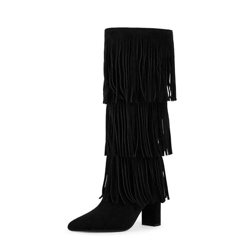Modatope Black Fringe Shark Boots for Women Fold Over Knee High Boots Chunky Heel Pointed Toe Tall Boots Size 6 - Image 1