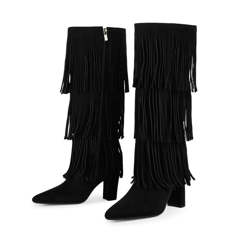 Modatope Black Fringe Shark Boots for Women Fold Over Knee High Boots Chunky Heel Pointed Toe Tall Boots Size 6 - Image 5