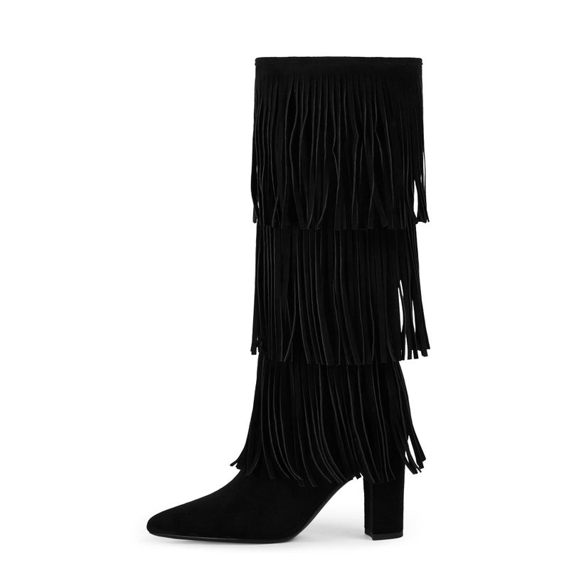 Modatope Black Fringe Shark Boots for Women Fold Over Knee High Boots Chunky Heel Pointed Toe Tall Boots Size 6 - Image 4