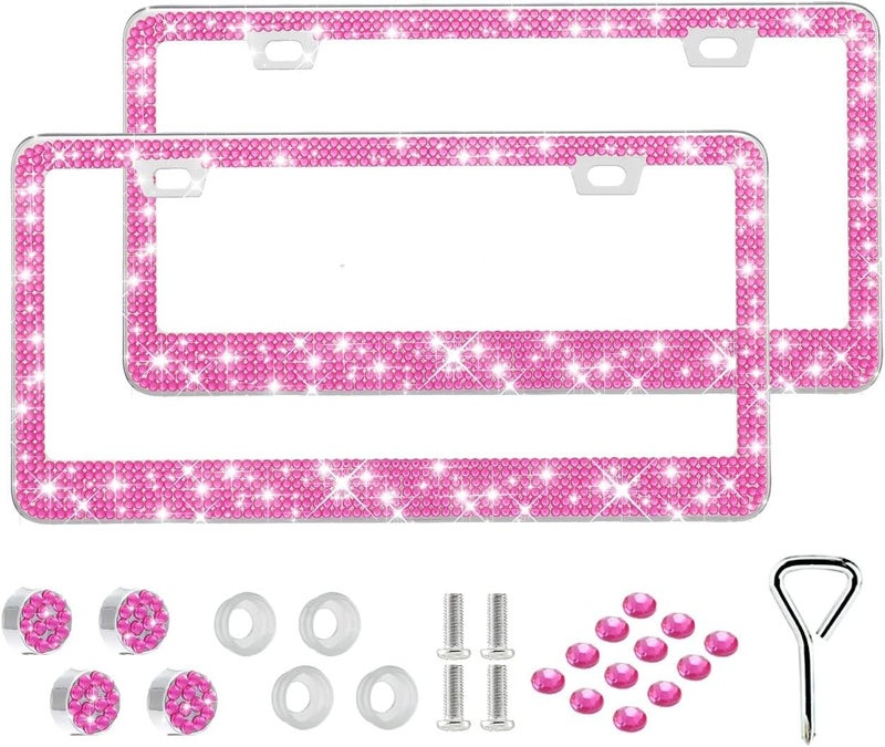 2 Pack Bling License Plate Frame for Women,Sparkly Rhinestone Stainless Steel License Plate Holder,Car Accessories with Glitter Crystal Caps (Hot Pink)