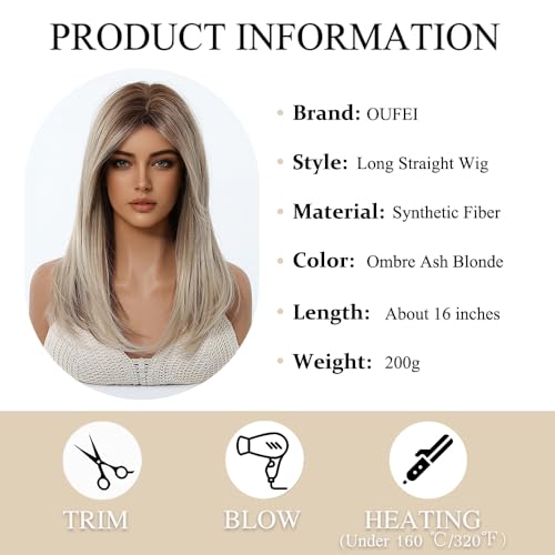 OUFEI Ombre Ash Blonde Wigs for Women Medium Length Long Straight Wig with Curtain Bangs Synthetic Hair Heat Resistant Wigs for Everyday Party Cosplay Wear - Image 3