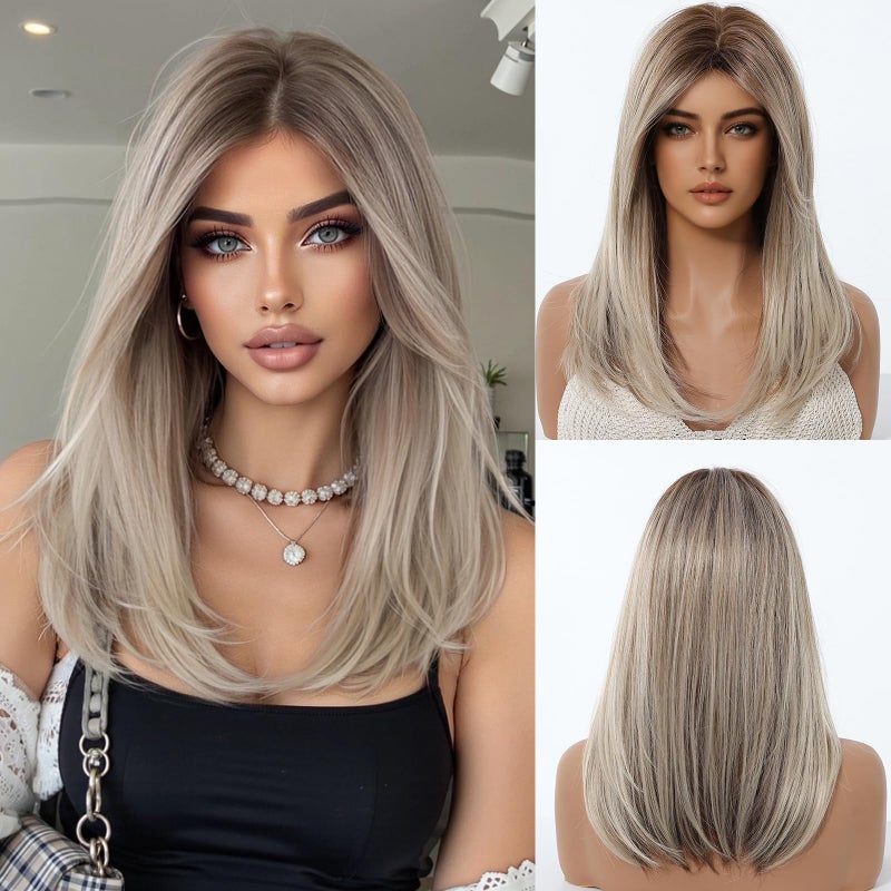 OUFEI Ombre Ash Blonde Wigs for Women Medium Length Long Straight Wig with Curtain Bangs Synthetic Hair Heat Resistant Wigs for Everyday Party Cosplay Wear - Image 2