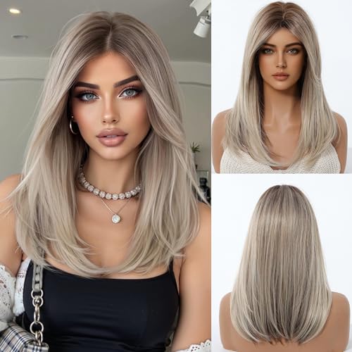 OUFEI Ombre Ash Blonde Wigs for Women Medium Length Long Straight Wig with Curtain Bangs Synthetic Hair Heat Resistant Wigs for Everyday Party Cosplay Wear - Image 1