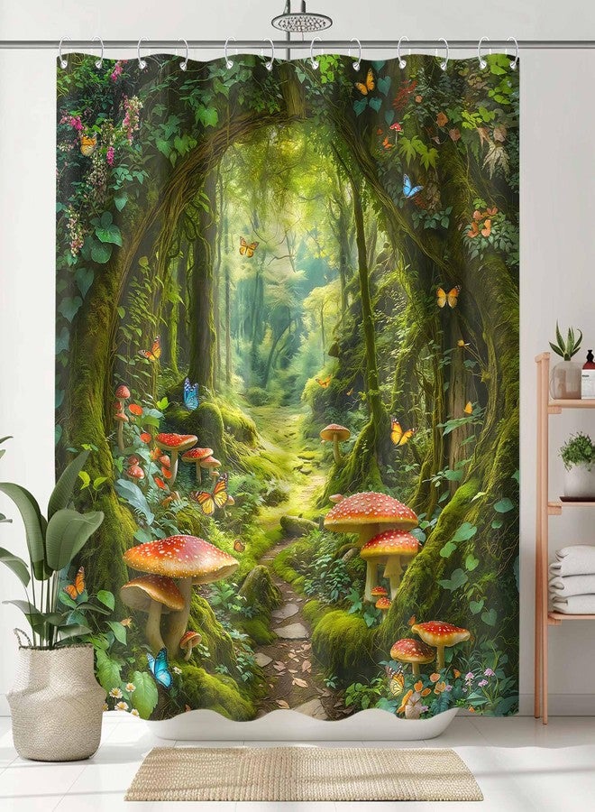 Kanuyee Enchanted Forest Shower Curtain Set Whimsical Mushroom Path Print Waterproof Bathroom Shower Curtain Butterfly Fairy Tale Home Decor 72x72 Inch - Image 4