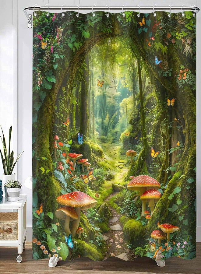Kanuyee Enchanted Forest Shower Curtain Set Whimsical Mushroom Path Print Waterproof Bathroom Shower Curtain Butterfly Fairy Tale Home Decor 72x72 Inch - Image 1