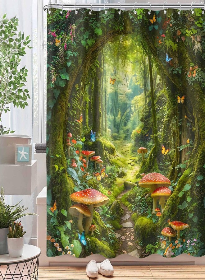 Kanuyee Enchanted Forest Shower Curtain Set Whimsical Mushroom Path Print Waterproof Bathroom Shower Curtain Butterfly Fairy Tale Home Decor 72x72 Inch - Image 2