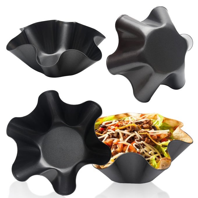 NONSTICK FLUTED TORTILLA SHELL MAKER EXTRA THICK STEEL TACO SALAD BOWL PANS NONSTICK CARBON STEEL SET OF 4 TOSTADA BAKERS