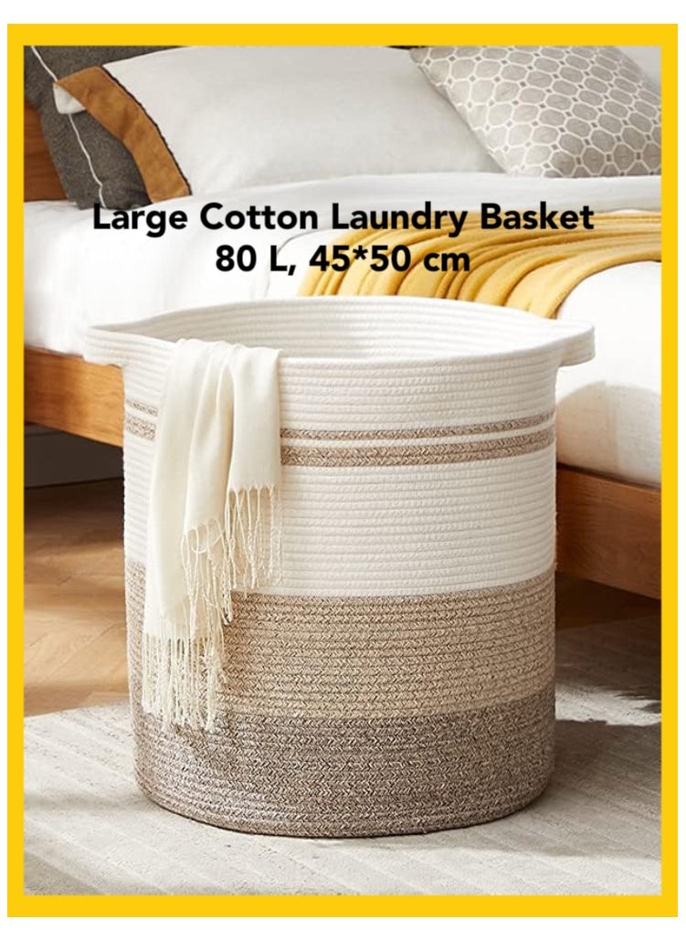 Oasis Casa 80L Large Laundry Basket, Collapsible Storage Container & Organizer with Handles, Decorative Woven Cotton Bin for Home Dormitory Nursery Room, Organize Clothes Toys Blankets - Gradient Brown, 45*50cm  - Image 1