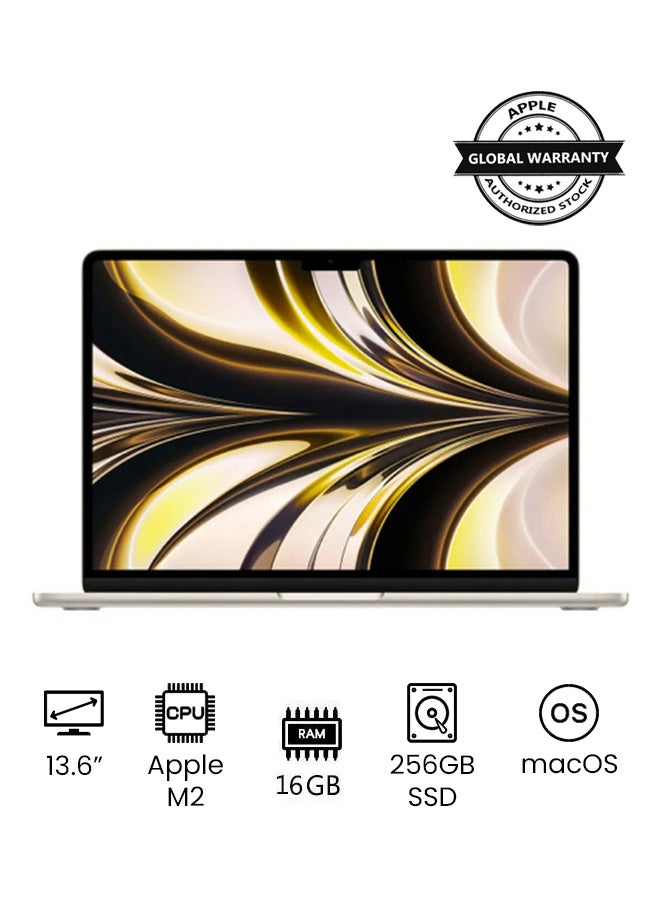 MacBook Air MC7W4 | 13.6 Inch Display | Apple M2 Chip | 8-Core CPU 8-Core GPU | 16GB RAM | 256GB SSD | macOS | English And Arabic Keyboard | English/Arabic Starlight