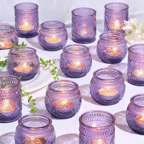 Devi 30pcs Assorted Purple Votive Candle Holders for Wedding Decorations, Boho Glass TeaLight Candle Holder, Wedding Table Centerpieces, Bridal Shower Decorations, Retro Purple Party Decor, Party Favors - Image 1