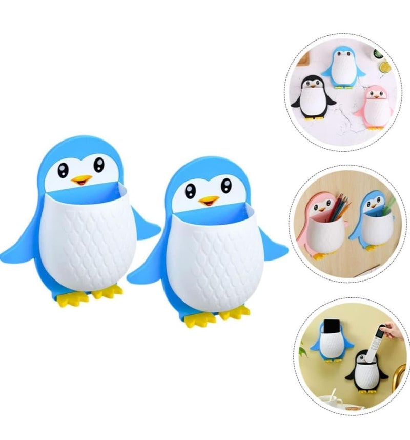 MERCEHIVE Penguin Storage Box & Bedside Wall Toothbrush Holder | Adhesive Wall Shelf with Phone Bracket | Office Wall Organizer & Pen Holder (Pack of 2) - Image 1