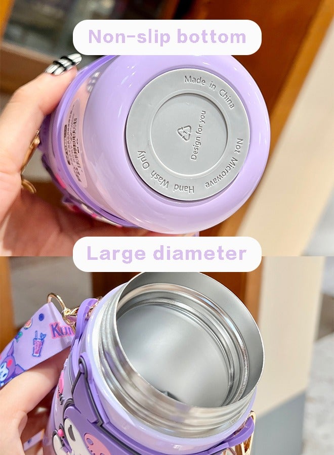 Fazza Anime Water  Bottle, Stainless Steel Thermal Travel Mug ，with Silicone Straw and Adjustable Strap,  for Girls CuteWater Cup,  Large Capacity 380ml (purple) - Image 5