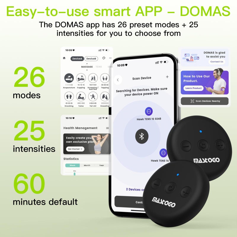 MASTOGO Wireless TENS Unit, Dual Host Muscle Stimulator with APP Control Up to 26 Modes, for Pain Relief, Portable and Rechargeable TENS Unit Muscle Stimulator - Image 3
