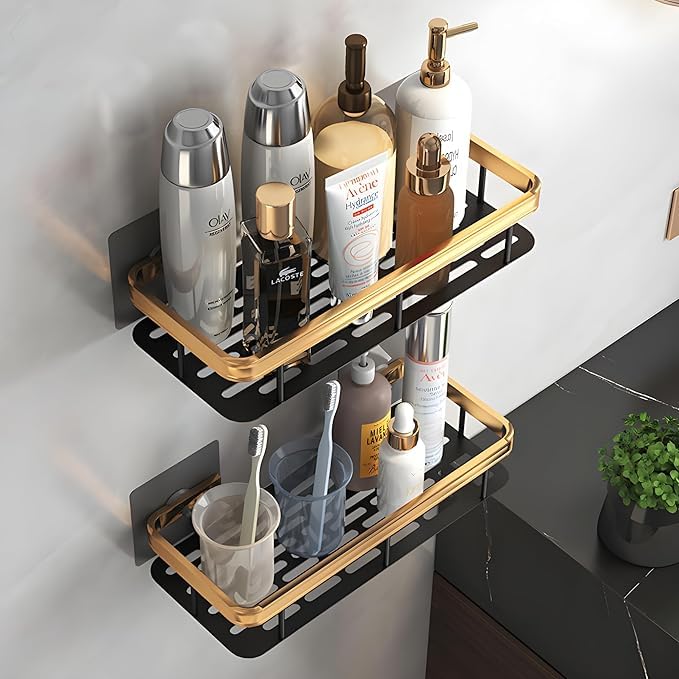 Rinkify Multipurpose Aluminium Bathroom Shelf - Self-Adhesive Wall Mounted Organizer, No Drill Storage Shelf for Bathroom & Kitchen, Gold Wall Shelf for Bathroom, Wall Storage Solution (Pack of 2) - Image 2