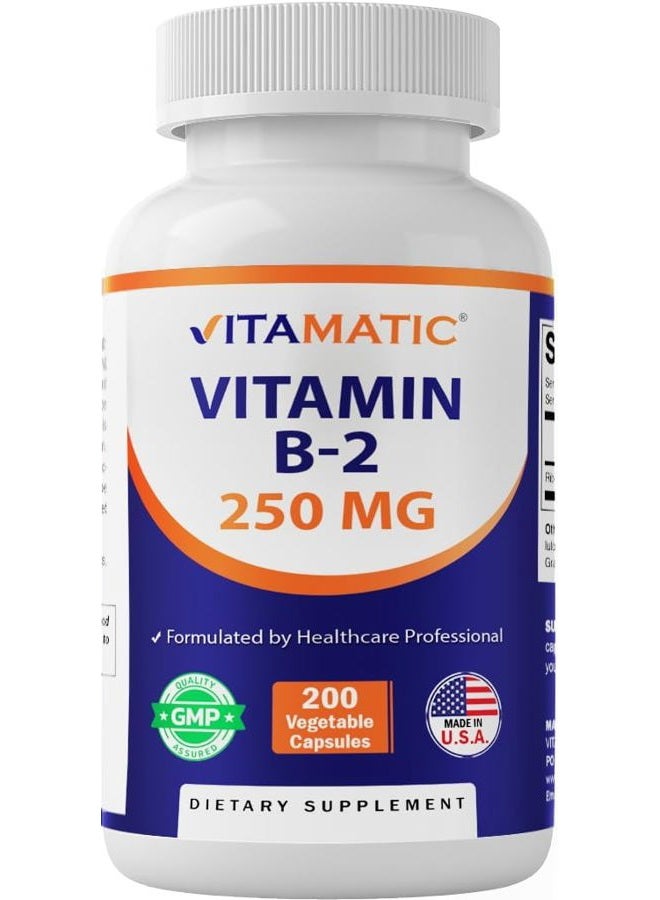 Vitamatic Vitamin B2 (Riboflavin) 250 mg - 200 Capsules Support Cellular Energy & Red Blood Cell Production - Image 1