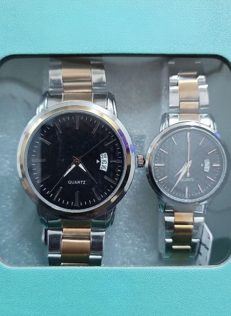 مجموعة ساعة للزوجين بحزام من الفولاذ المقاوم للصدأ، ساعة بقرص دائري، ساعة تقويم مقاومة للماء هدية للرجال والنساء - Image 1