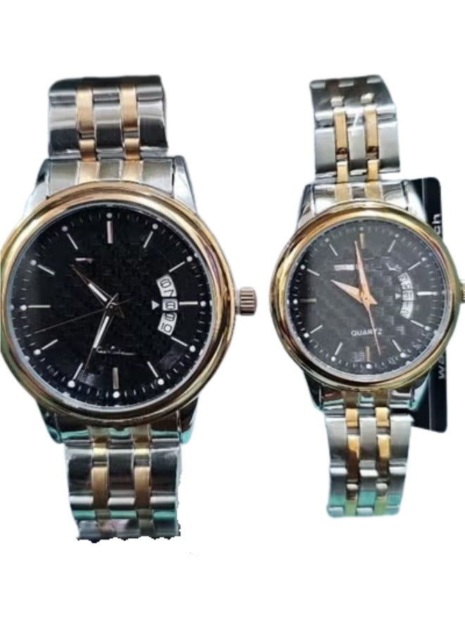 مجموعة ساعة للزوجين بحزام من الفولاذ المقاوم للصدأ، ساعة بقرص دائري، ساعة تقويم مقاومة للماء هدية للرجال والنساء - Image 2