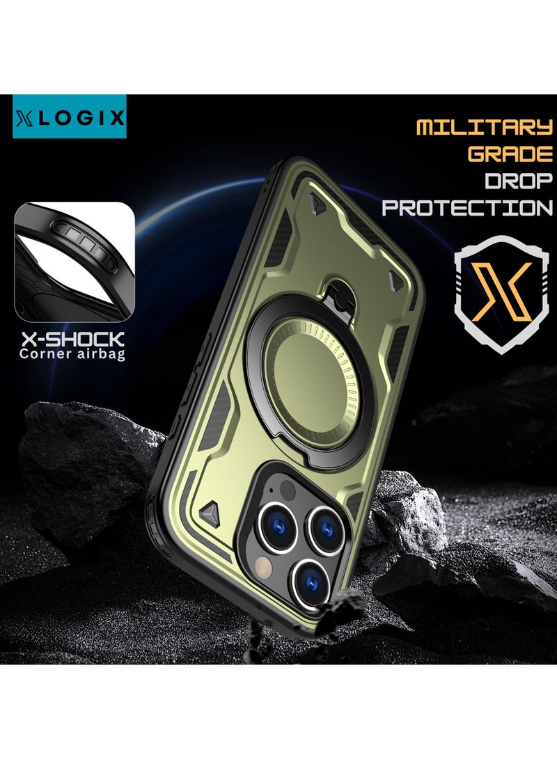 XLogiX for iPhone 15 Pro Max Armoured Case with Built-in Kickstand | Heavy-Duty Protection | Shockproof | Slim Design | Compatible with MagSafe Accessories, ArmourX Series for iPhone 15 Pro Max - GREEN - Image 2
