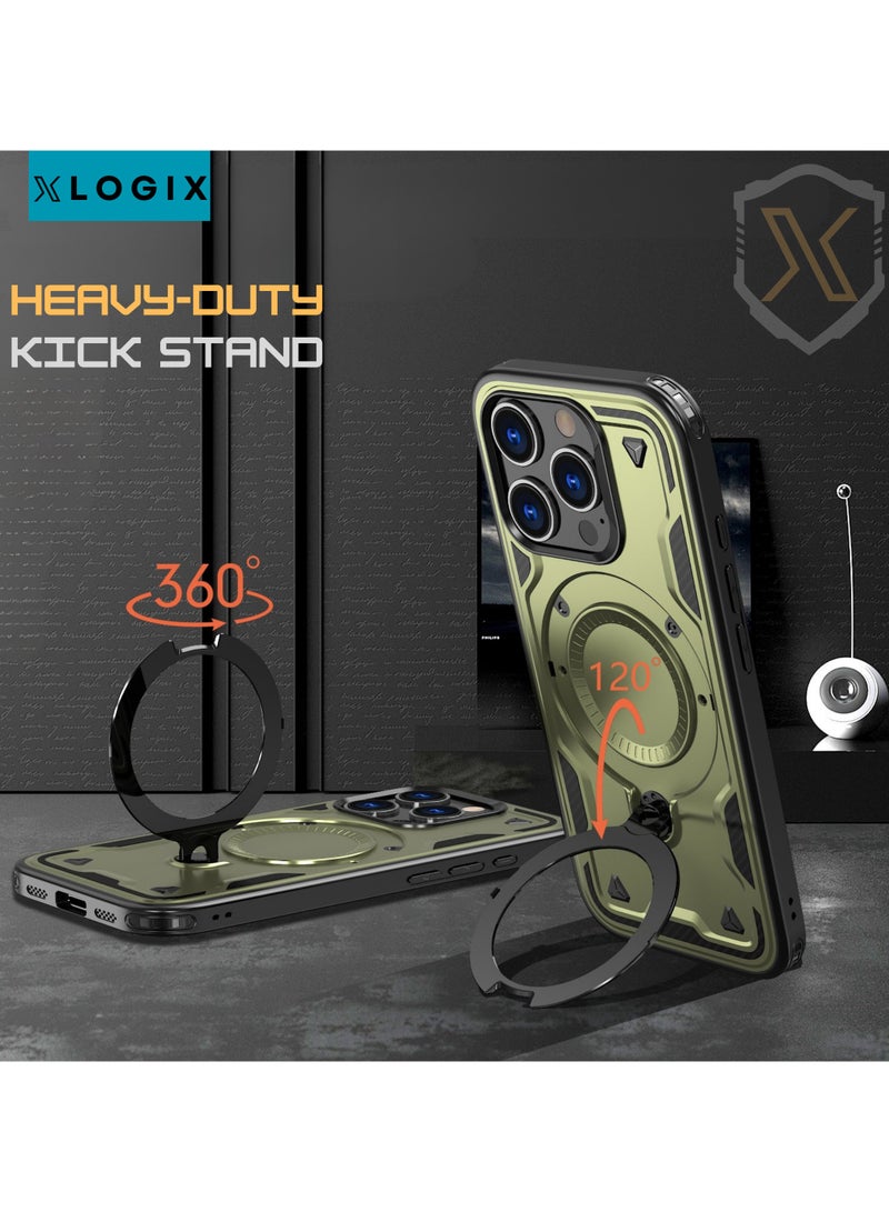 XLogiX for iPhone 15 Pro Max Armoured Case with Built-in Kickstand | Heavy-Duty Protection | Shockproof | Slim Design | Compatible with MagSafe Accessories, ArmourX Series for iPhone 15 Pro Max - GREEN - Image 4