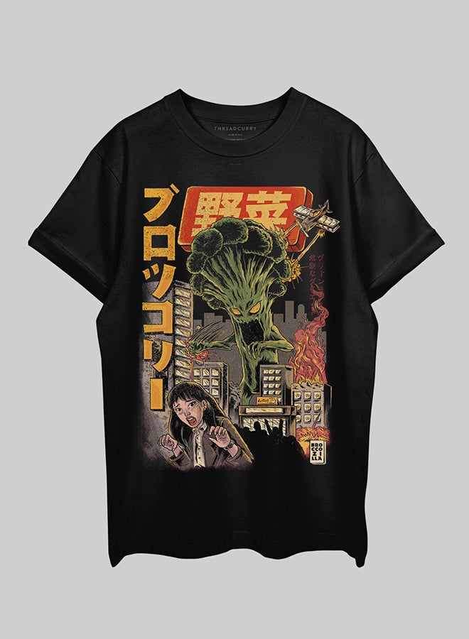 THREADCURRY تي شيرت THREADCURRY Broccozilla كبير الحجم من القطن بكتف منسدل مطبوع للرجال - Image 1