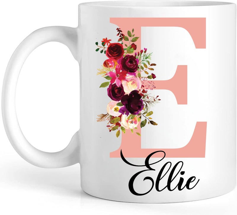EKAM Personalised Floral Mug Stylish Initial with Name Customised Gift for Valentines Day Birthday Christmas Day for Mom Dad Kids Friends or Girls 11oz Ceramic CoffeeTea Cup Rose Gold