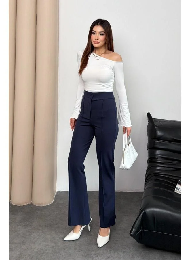 Mmetalic  Women's High-Waist Buttoned Zippered Stretchy Navy Plain Comfortable Ribbed Palazzo Pants. for Women | Best Price UAE