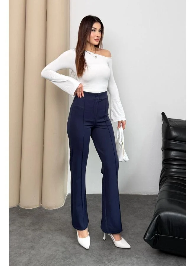 Mmetalic  Women's High-Waist Buttoned Zippered Stretchy Navy Plain Comfortable Ribbed Palazzo Pants. for Women | Best Price UAE