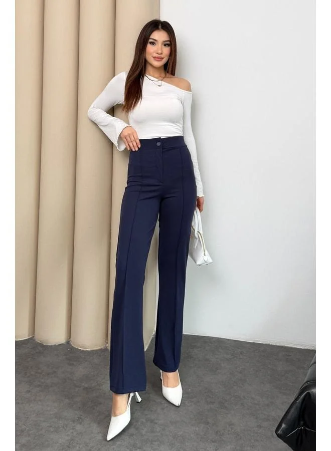 Women's High-Waist Buttoned Zippered Stretchy Navy Plain Comfortable Ribbed Palazzo Pants.