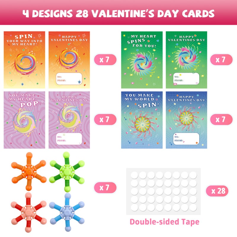 Gocozer 28 Packs Kids Valentines Cards For School With Pop Tubes Finger Spinner  Valentine'S Day Cards With Fidget Spinner Toys  Kids Valentines Party Favor  Valentine'S Day Classroom Prizes - Image 2
