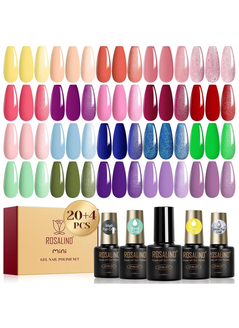 Rosalind ROSALIND 24pcs Gel Polish Set with 4 Bottles of Base and Glossy Matte Glitter Top Coat Pink Purple Blue Shinny Gel Nail Set Manicure Kit for Women 
