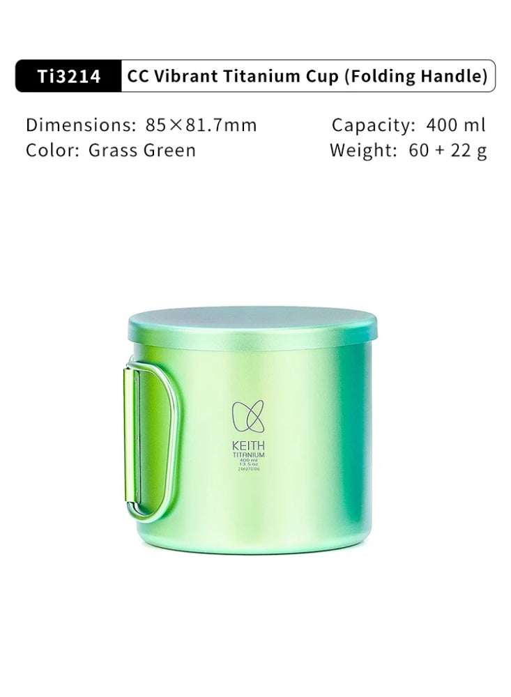 KEITH Titanium Ti3214 CC Vibrant Titanium Cup 400ml, Pure Titanium Camping Mug with Folding Handle and Lid – Grass Green