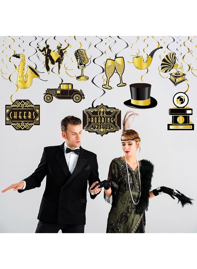 Containlol 30 Pieces Roaring 20s Swirls Party Decorations, Black Gold Birthday Party Hanging Spirals Streamer Retro Decor for Anniversary Birthday Party 1920s Vintage Jazz Flapper Party Wedding Party Supplies - Image 1
