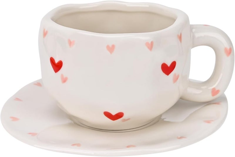 Koythin Ceramic Coffee Mug with Saucer Set, Cute Creative Red Heart Cup Unique Irregular Design for Office and Home, 10 oz/300 ml for Latte Tea Milk - Image 1