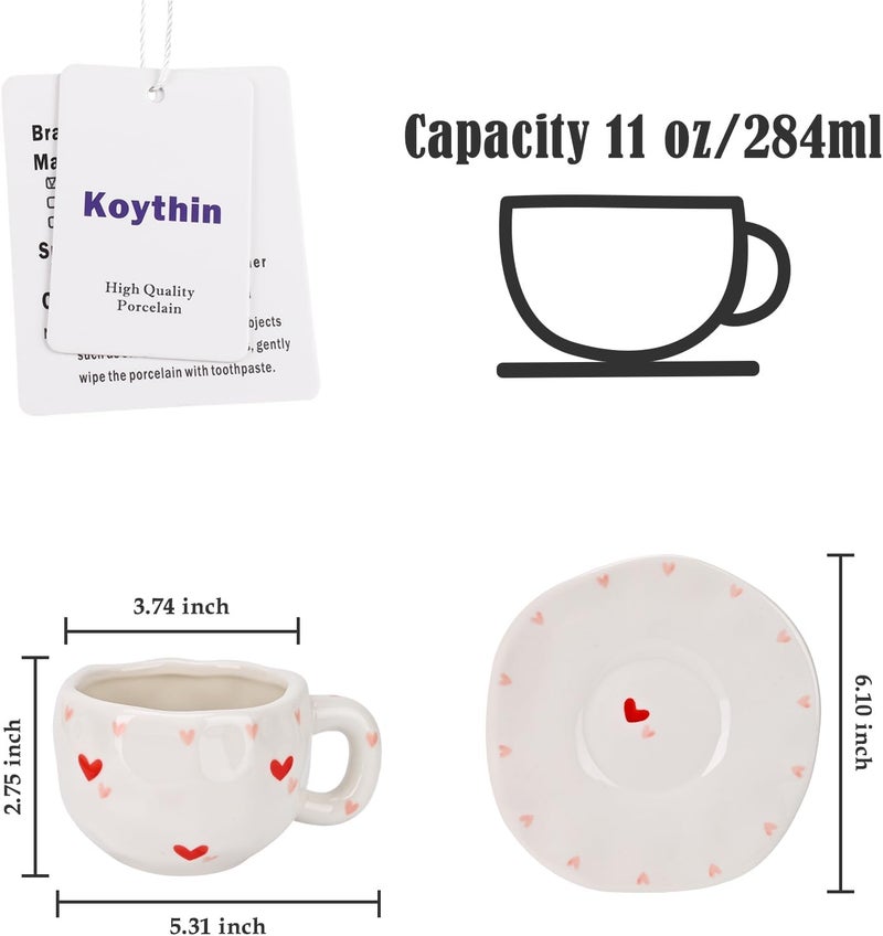 Koythin Ceramic Coffee Mug with Saucer Set, Cute Creative Red Heart Cup Unique Irregular Design for Office and Home, 10 oz/300 ml for Latte Tea Milk - Image 2