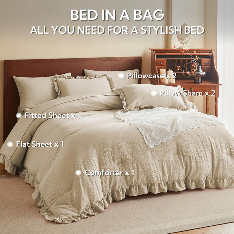 MR&HM Queen Comforter Set Linen, Comforter Set 7 Pieces for Girls Women, Shabby Chic Vintage Cottagecore Bed Sets Elegance Boho Bed in a Bag, Ultra-Soft & Fluffy Comforter for All Season - Image 2