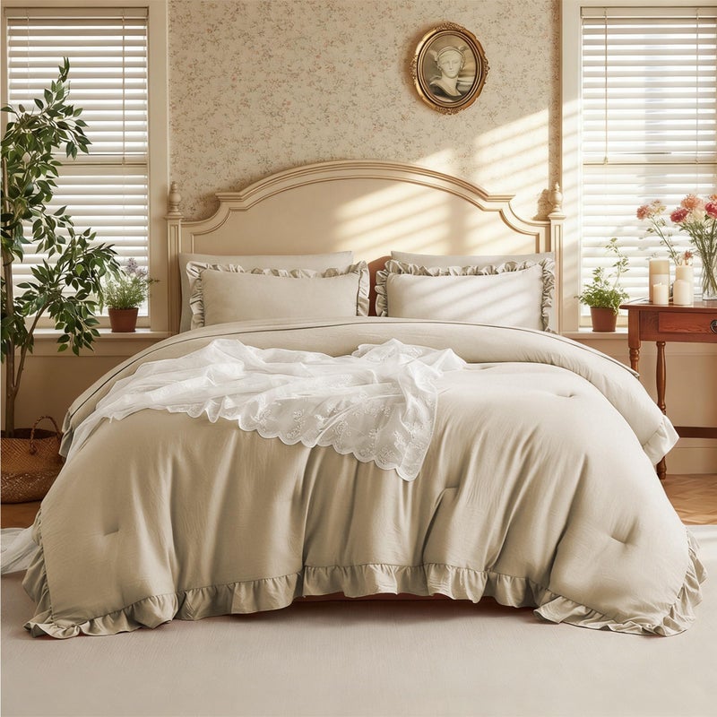 MR&HM Queen Comforter Set Linen, Comforter Set 7 Pieces for Girls Women, Shabby Chic Vintage Cottagecore Bed Sets Elegance Boho Bed in a Bag, Ultra-Soft & Fluffy Comforter for All Season - Image 1