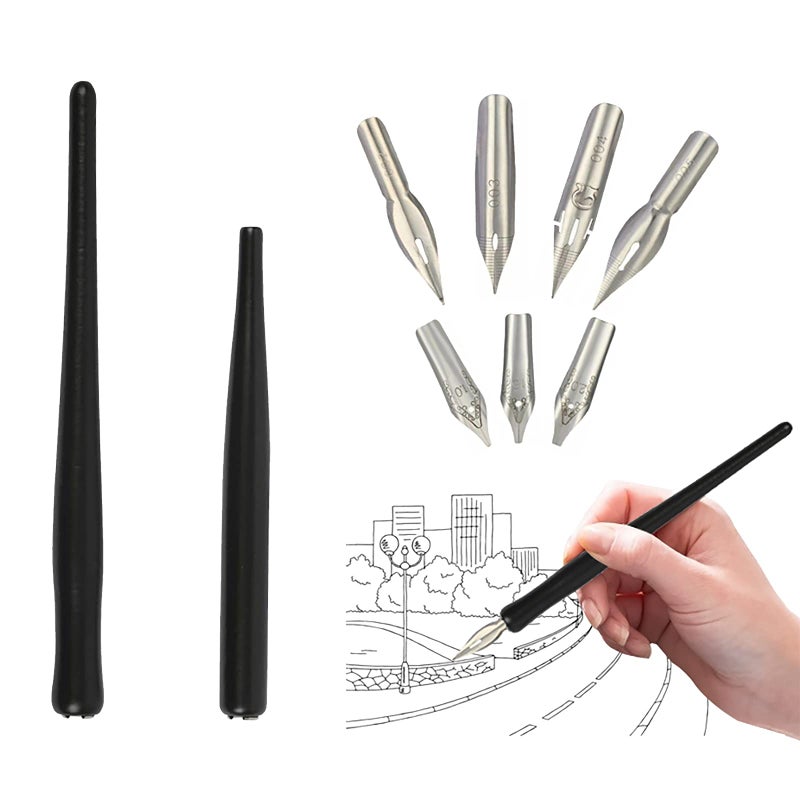 Calligraphy Nib Set, Wood Dip Pen Manga Cartoon Comic Dip Pen Comic Diving Pen Writing Gift 2 Pen Holders and 7 Nibs-0.5mm/1.5mm/2.0mm