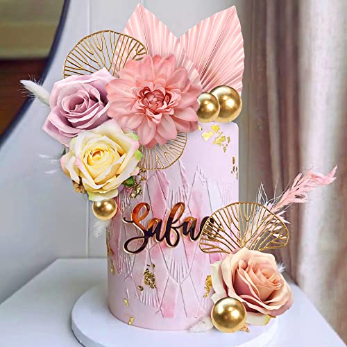 DRWATE Boho Cake Topper Flower Cake Topper Pink Palm Leaves Cake Decorations with Artificial Rose Ginkgo Leaves and Balls for Wedding Baby Shower Birthday Boho Flower Themed Party Supplies (Pink) - Image 5