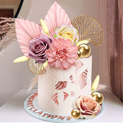 DRWATE Boho Cake Topper Flower Cake Topper Pink Palm Leaves Cake Decorations with Artificial Rose Ginkgo Leaves and Balls for Wedding Baby Shower Birthday Boho Flower Themed Party Supplies (Pink) - Image 1