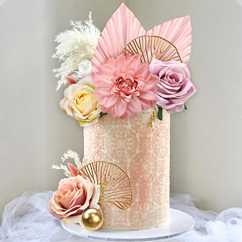 DRWATE Boho Cake Topper Flower Cake Topper Pink Palm Leaves Cake Decorations with Artificial Rose Ginkgo Leaves and Balls for Wedding Baby Shower Birthday Boho Flower Themed Party Supplies (Pink) - Image 4
