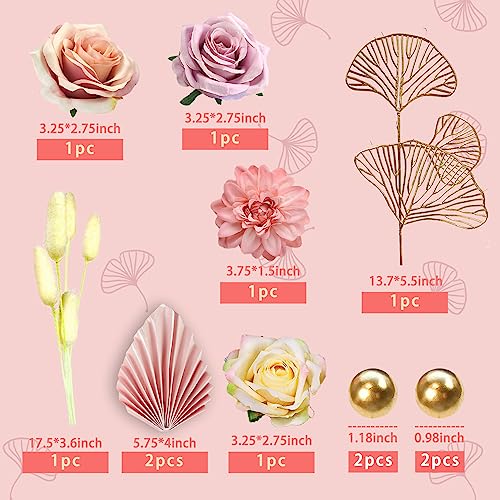 DRWATE Boho Cake Topper Flower Cake Topper Pink Palm Leaves Cake Decorations with Artificial Rose Ginkgo Leaves and Balls for Wedding Baby Shower Birthday Boho Flower Themed Party Supplies (Pink) - Image 2
